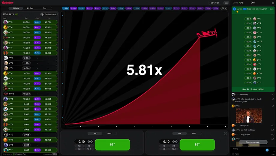 Aviator desktop interface with the multiplier curve, bet list and two bet panels